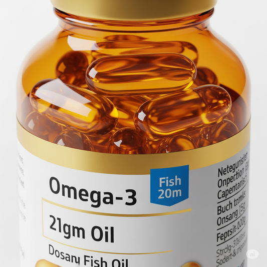 Omega-3 içeren balık yağı kapsülleri ve balık yağı kapsülü yararları hakkında bilgi veren şişe
