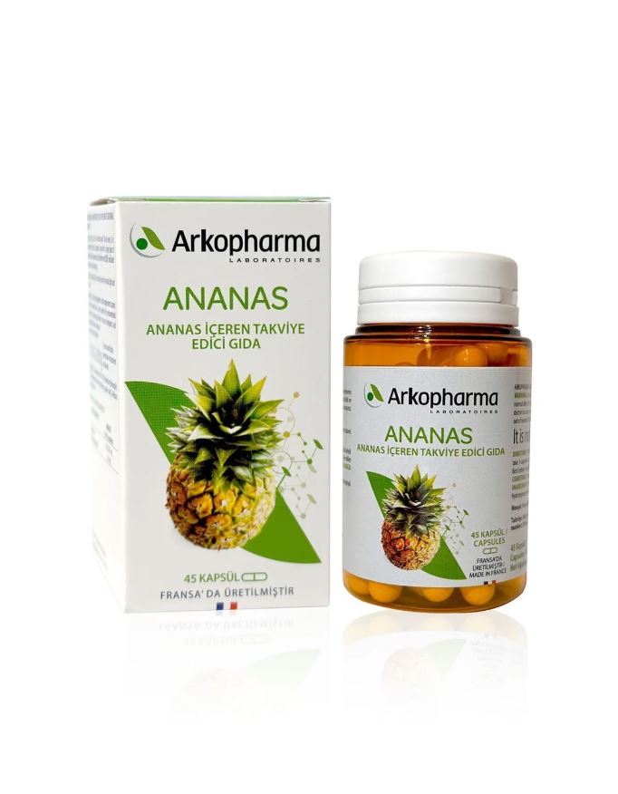 Arkopharma ananas ekstresi kapsül içeren destekleyici takviye gıda şişesi ve kutusu