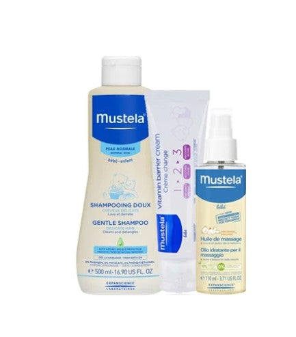 Mustela markalı günlük bebek şampuanı ve yağı içeren nazik bebek bakım seti