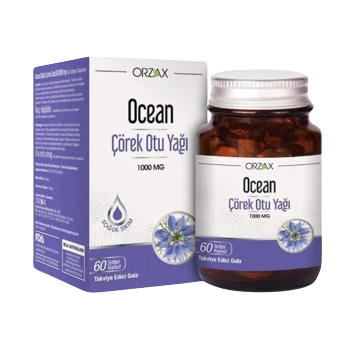 Meliya Kozmetik 60 kapsüllük çörek otu yağı Ocean 1000 MG takviye edici gıda paketi ve şişesi