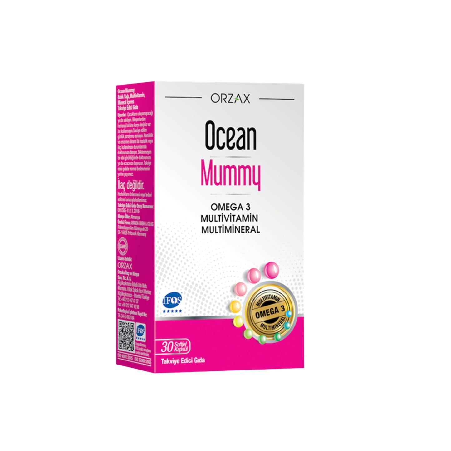 Meliya Kozmetik Ocean Mummy Omega 3 multivitamin ve gebelikte kullanılabilecek mineral desteği takviye edici gıda kutusu