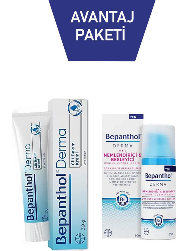 Bepanthol Derma Nemlendirici Besleyici Günlük Yüz Bakım Kremi Çok Kuru ve Hassas Ciltler 50 ml + Bepanthol Derma Cilt Bakım Kremi 30 gr - Meliya Kozmetik