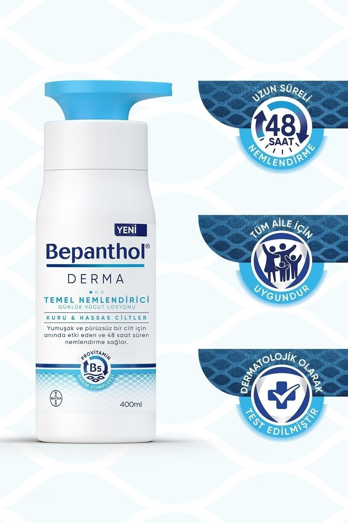 Bepanthol Derma Temel Nemlendirici Günlük Vücut Losyonu Kuru ve Hassas Ciltler 400 ml - Meliya Kozmetik