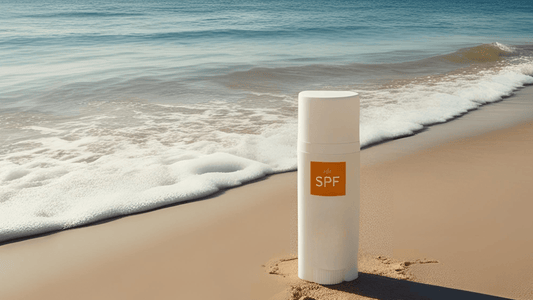 Güneş kremi seçerken nelere dikkat edilmeli konusu için deniz kenarında SPF korumalı güneş kremi şişesi