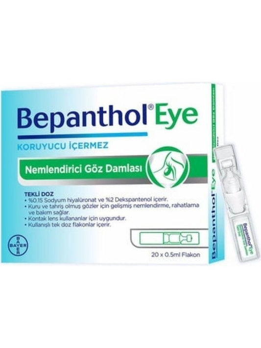 Meliya Kozmetik Bepanthol Eye göz kuruluğu için nemlendirici damla kutusu ve tek doz flakon