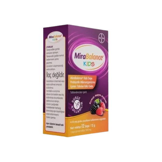 Çocuklar için probiyotik içeren MiraBalance Kids tatlandırıcılı toz formda Meliya Kozmetik ürün kutusu