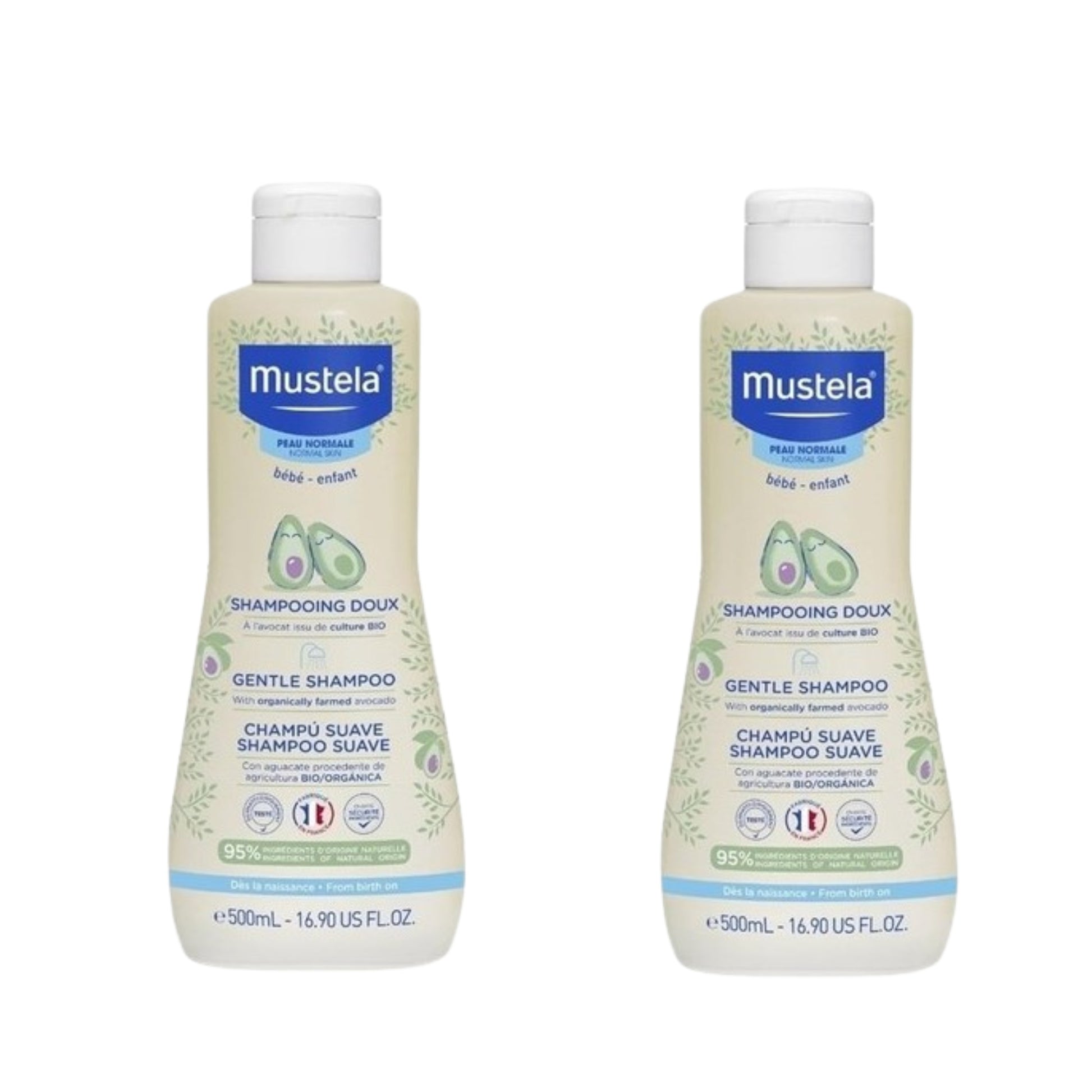 Rodrigo markalı bebekler için hassas şampuan iki adet 500 ml şişe mustela bebek şampuanı