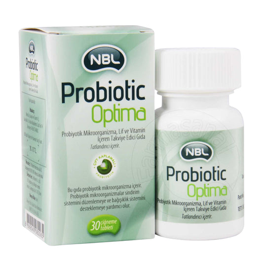 Meliya Kozmetik bağırsak sağlığı için probiyotik tablet içeren NBL Probiotic Optima çiğneme tablet kutu ve şişe
