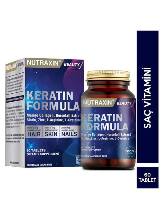 Meliya Kozmetik Nutraxin Keratin Formula biotinli saç tırnak cilt takviyesi 60 tablet kutu ve şişe