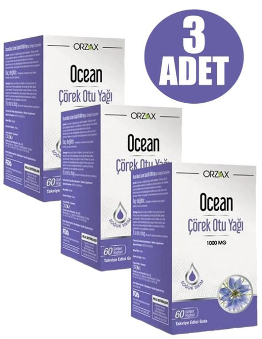 Ocean markalı 3 adet bitkisel takviye çörek otu yağı 1000 mg kapsül kutusu