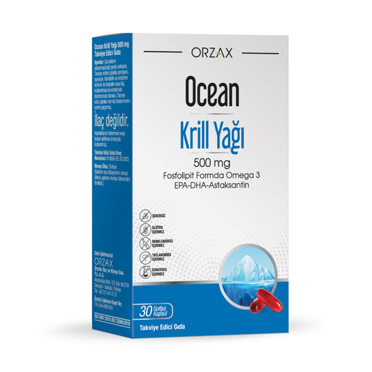 Meliya Kozmetik omega 3 kapsül 500 mg içeren Ocean Krill Yağı takviye edici gıda kutusu